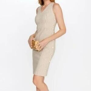 J. McLaughlin Paulson Gingham Dress Women’s 4 Sheath Tan White Sleeveless Mini
